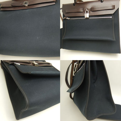 HERMES エルメス エールバッグジップPM ハンドバッグ トワルミリタリー ヴァッシュハンター コットンキャンバスxレザー ブラック ブラウン レディース /253246【中古】