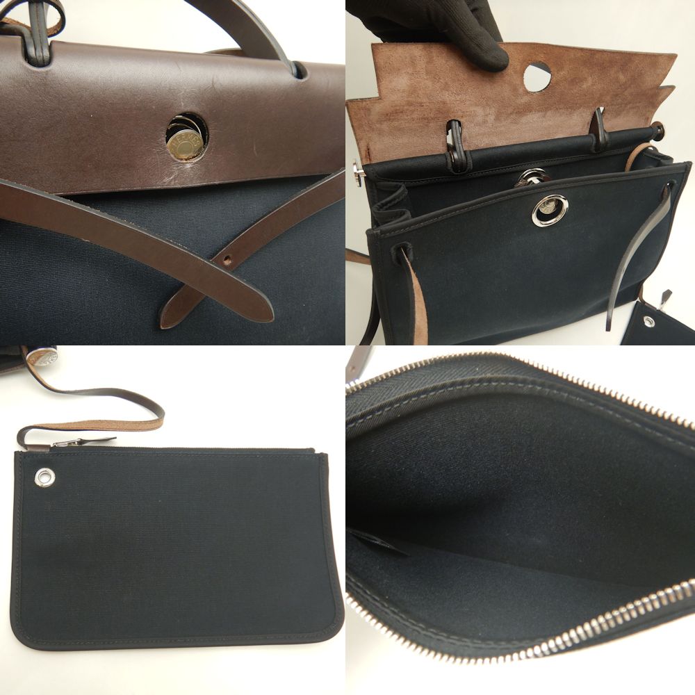 HERMES エルメス エールバッグジップPM ハンドバッグ トワルミリタリー ヴァッシュハンター コットンキャンバスxレザー ブラック ブラウン レディース /253246【中古】