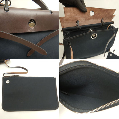 HERMES エルメス エールバッグジップPM ハンドバッグ トワルミリタリー ヴァッシュハンター コットンキャンバスxレザー ブラック ブラウン レディース /253246【中古】