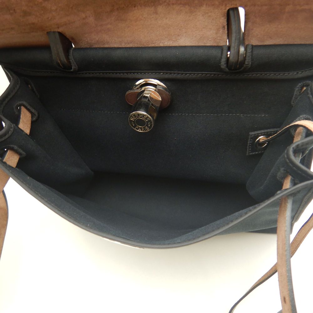 HERMES エルメス エールバッグジップPM ハンドバッグ トワルミリタリー ヴァッシュハンター コットンキャンバスxレザー ブラック ブラウン レディース /253246【中古】