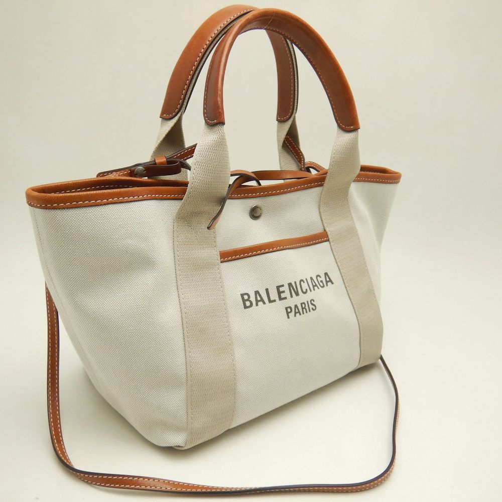 BALENCIAGA バレンシアガ ビアリッツトートバッグスモール 834501 トートバッグ キャンバスxレザー アイボリー ブラウン レディース /253545【中古】