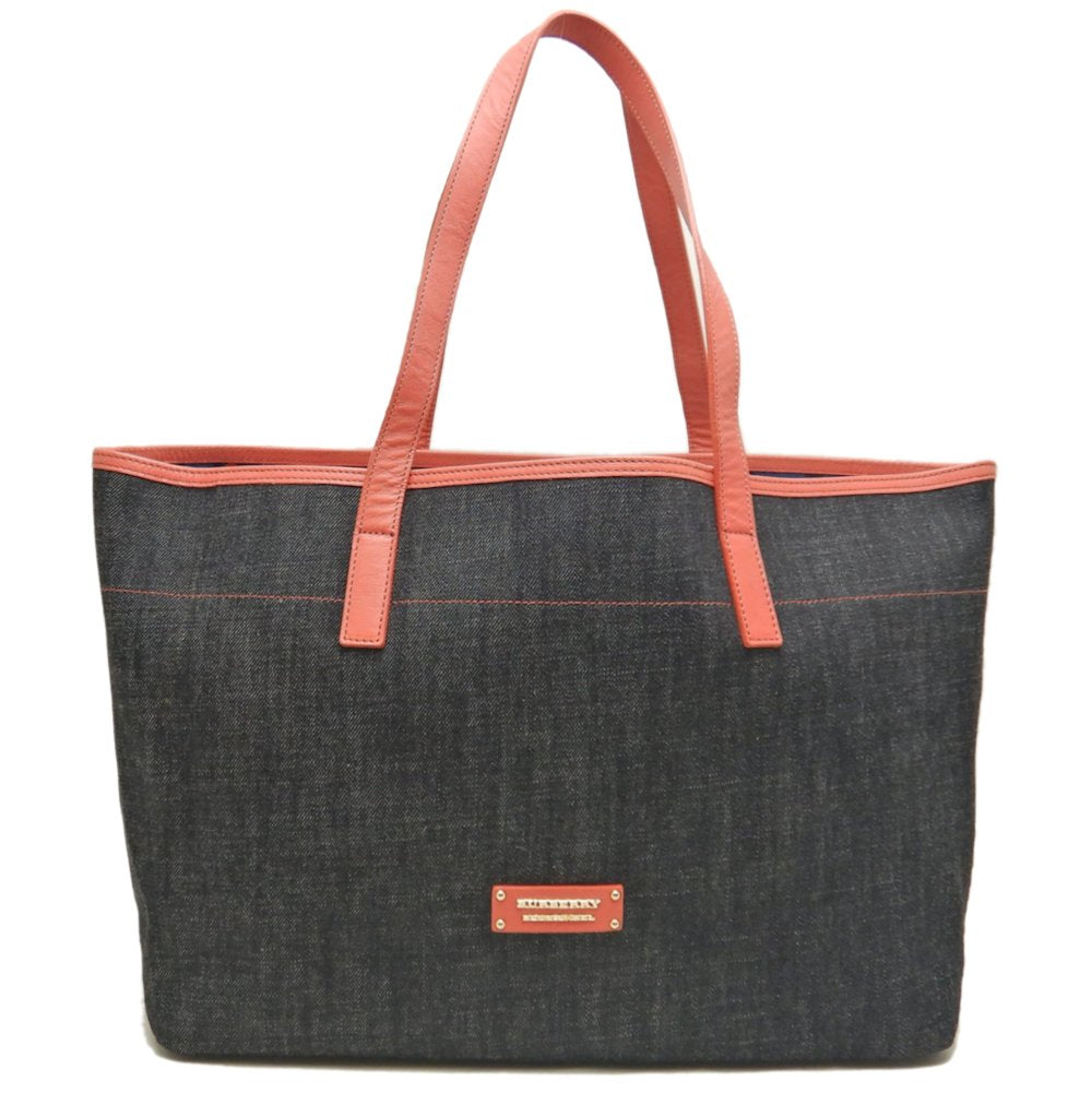 BURBERRY BLUE LABEL バーバリー ブルーレーベル トートバッグ デニムxレザー インディゴ コーラルピンク レディース /253551【中古】