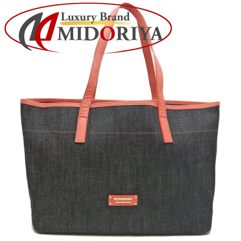 BURBERRY BLUE LABEL バーバリー ブルーレーベル トートバッグ デニムxレザー インディゴ コーラルピンク レディース /253551【中古】