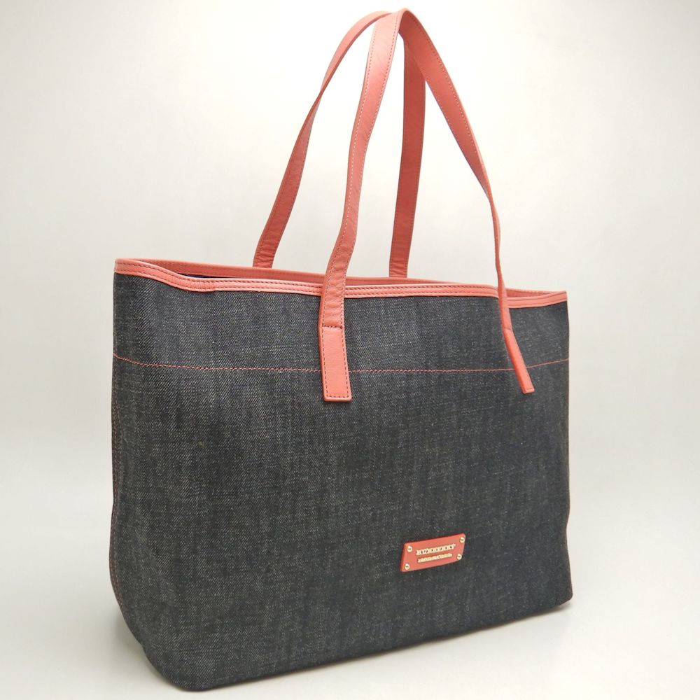 BURBERRY BLUE LABEL バーバリー ブルーレーベル トートバッグ デニムxレザー インディゴ コーラルピンク レディース /253551【中古】