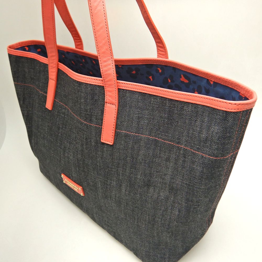 BURBERRY BLUE LABEL バーバリー ブルーレーベル トートバッグ デニムxレザー インディゴ コーラルピンク レディース /253551【中古】