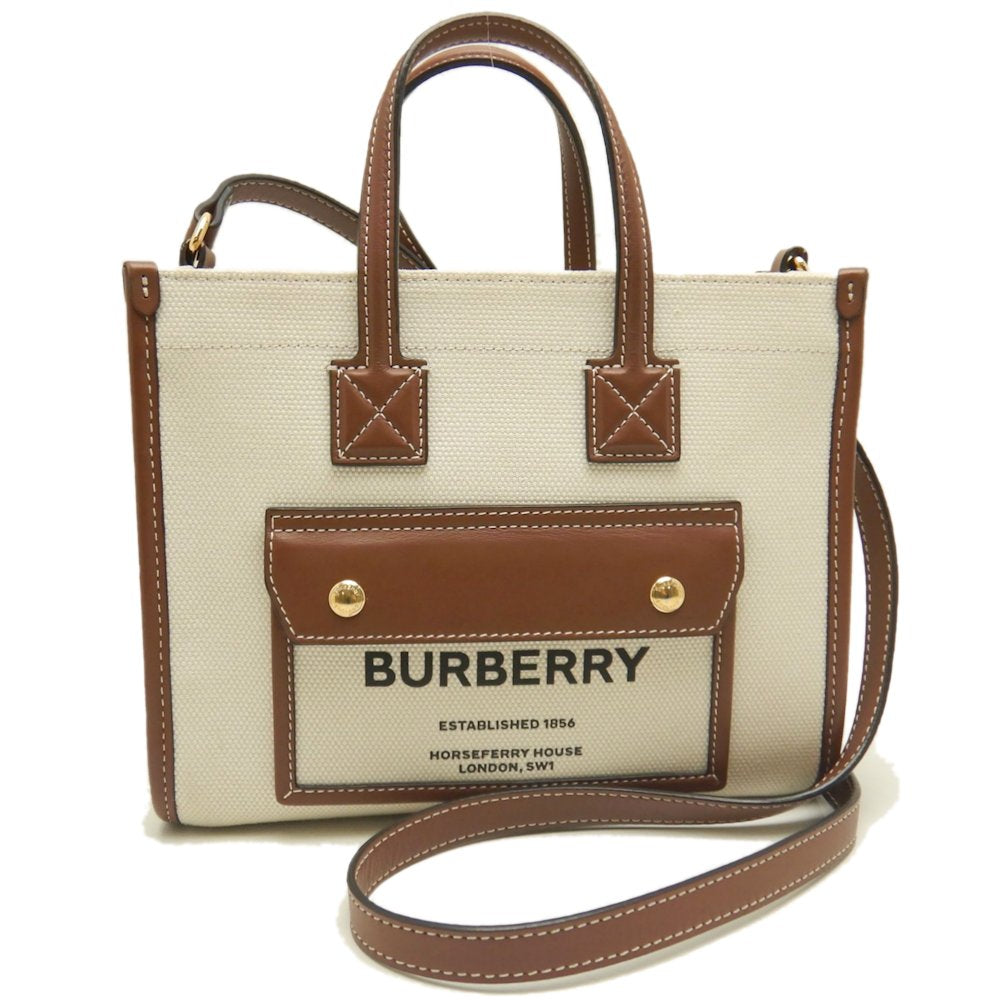 BURBERRY バーバリー ミニフレヤトート 8044141 トートバッグ キャンバスxレザー ナチュラル ブラウン レディース /253611【中古】