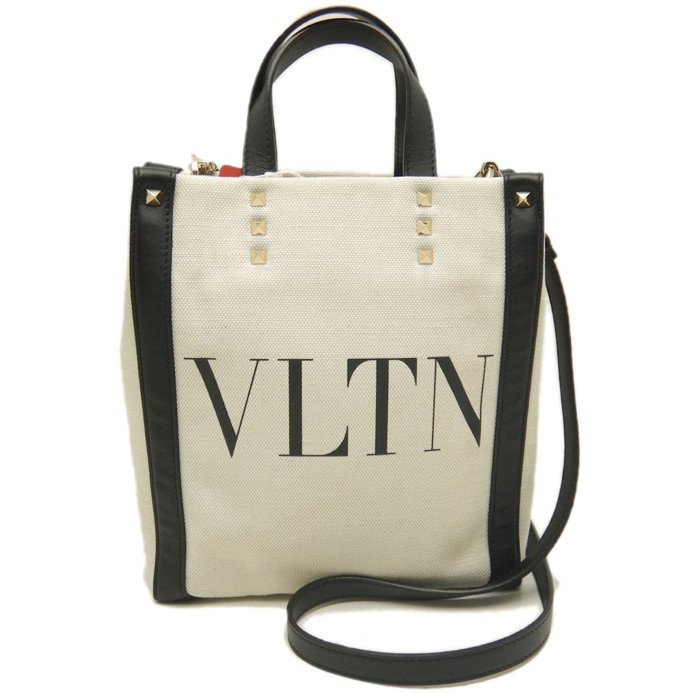 Valentino Garavani ヴァレンティノ ガラヴァーニ 2WAYトートバッグ VITNロゴ XW2B0K 37FWB キャンバスxレザー ホワイト ブラック レディース /253646【中古】