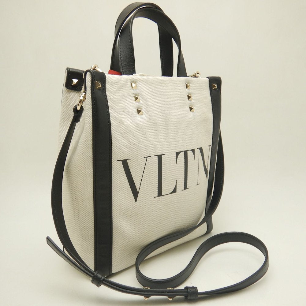 Valentino Garavani ヴァレンティノ ガラヴァーニ 2WAYトートバッグ VITNロゴ XW2B0K 37FWB キャンバスxレザー ホワイト ブラック レディース /253646【中古】