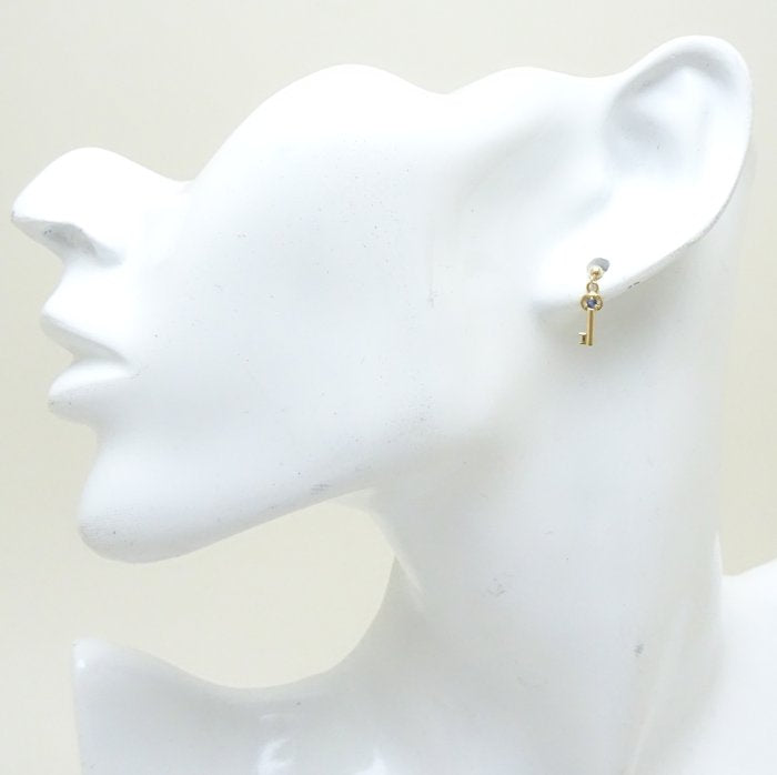 鍵モチーフ ピアス サファイヤ ハートロック＆キー K18YG イエローゴールド/28181【中古】【FJ】