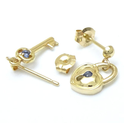 鍵モチーフ ピアス サファイヤ ハートロック＆キー K18YG イエローゴールド/28181【中古】【FJ】