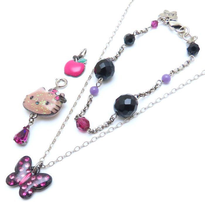 ANNA SUI アナスイ サンリオコラボ キティチャーム付き ネックレス ブレスレット セット バタフライ ラインストーン シルバーメッキ/293440【中古】【BJ】