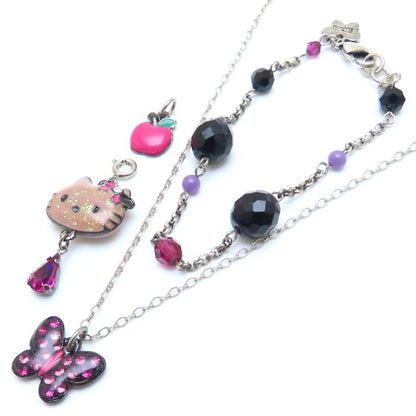 ANNA SUI アナスイ サンリオコラボ キティチャーム付き ネックレス ブレスレット セット バタフライ ラインストーン シルバーメッキ/293440【中古】【BJ】