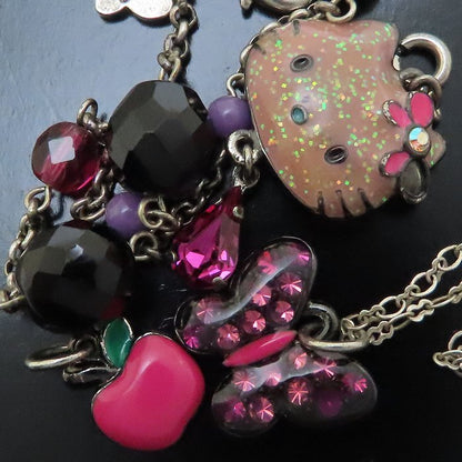 ANNA SUI アナスイ サンリオコラボ キティチャーム付き ネックレス ブレスレット セット バタフライ ラインストーン シルバーメッキ/293440【中古】【BJ】