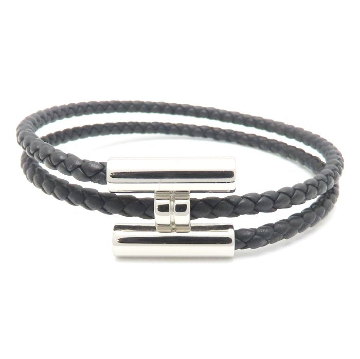 HERMES エルメス トゥルニ トレッセ ブレスレット ブラックｘシルバー H068406FP89T4 シルバーメッキxレザー メンズ/295284【中古】【BJ】