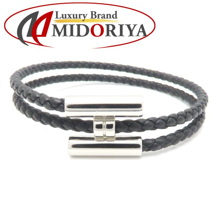 HERMES エルメス トゥルニ トレッセ ブレスレット ブラックｘシルバー H068406FP89T4 シルバーメッキxレザー メンズ/295284【中古】【BJ】