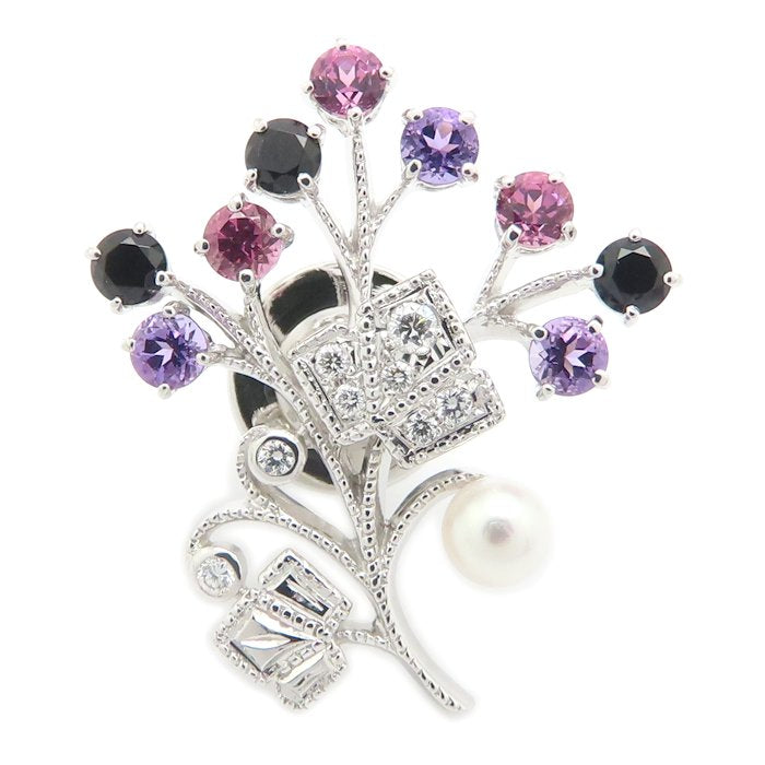 MIKIMOTO ミキモト ピンブローチ マルチストーン ダイヤモンド ベビーパール K18WG ホワイトゴールド レディース/295597【中古】【BJ】