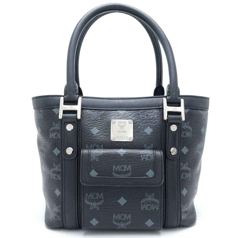 MCM エムシーエム ハンドバッグ PVCコーティングキャンバスxレザー ブラック グレー/351116【中古】
