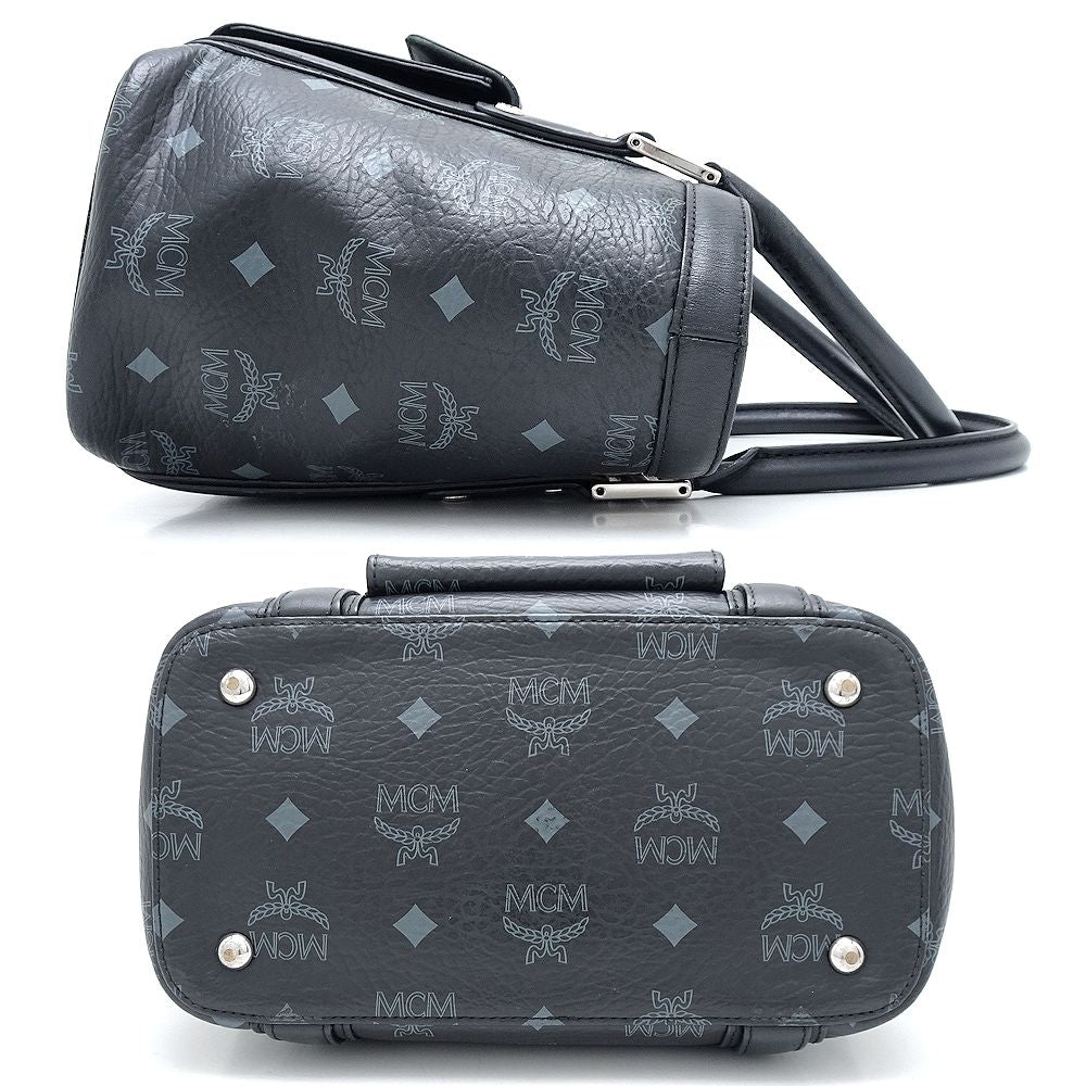 MCM エムシーエム ハンドバッグ PVCコーティングキャンバスxレザー ブラック グレー/351116【中古】
