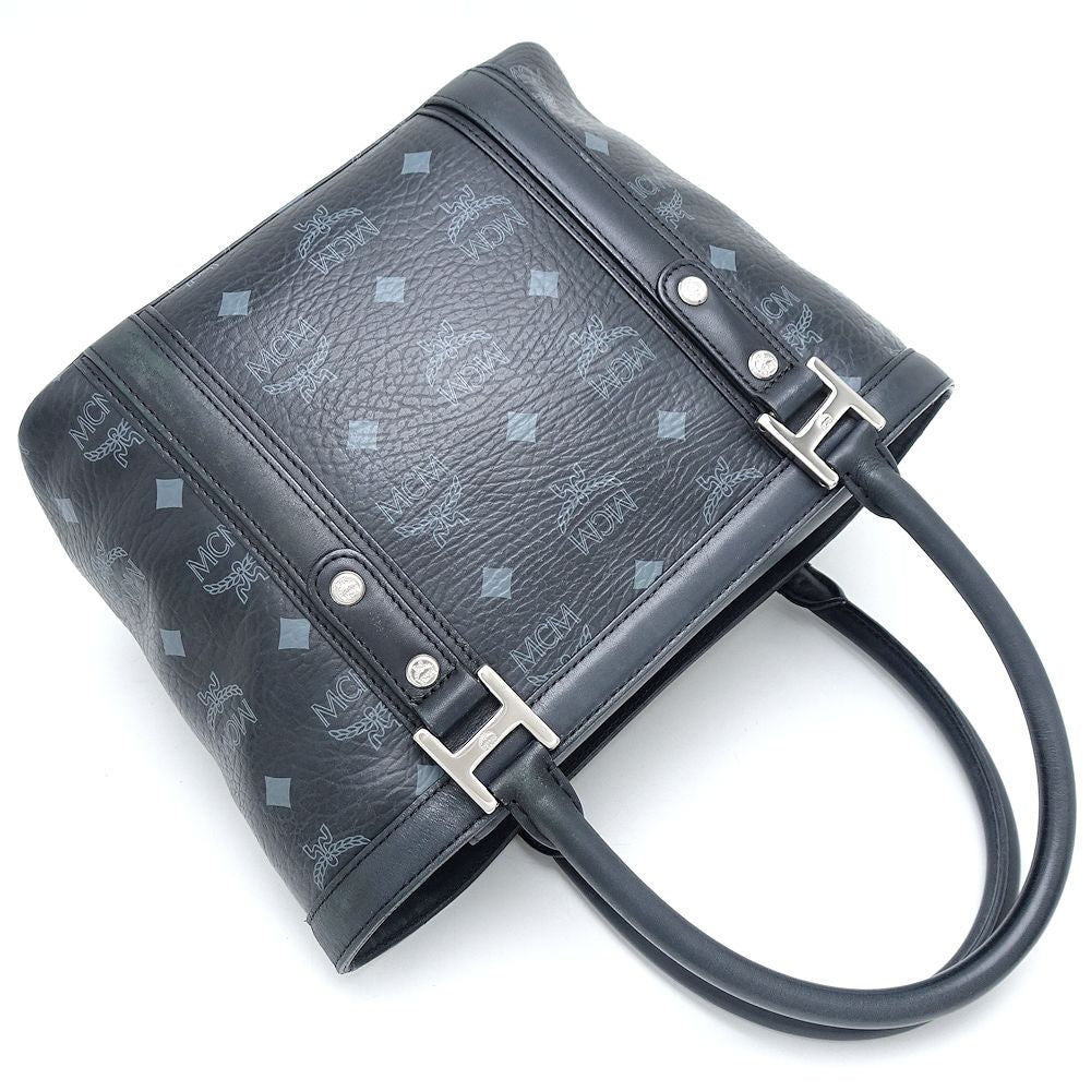 MCM エムシーエム ハンドバッグ PVCコーティングキャンバスxレザー ブラック グレー/351116【中古】