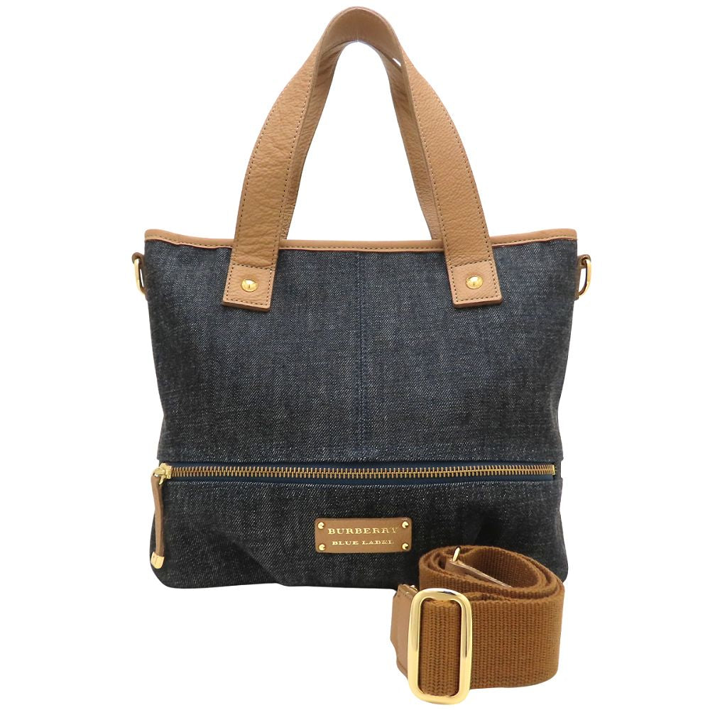 BURBERRY BLUE LABEL バーバリー ブルーレーベル 2Way ハンドバッグ デニムxレザー インディゴ ブラウン レディース/353295【中古】