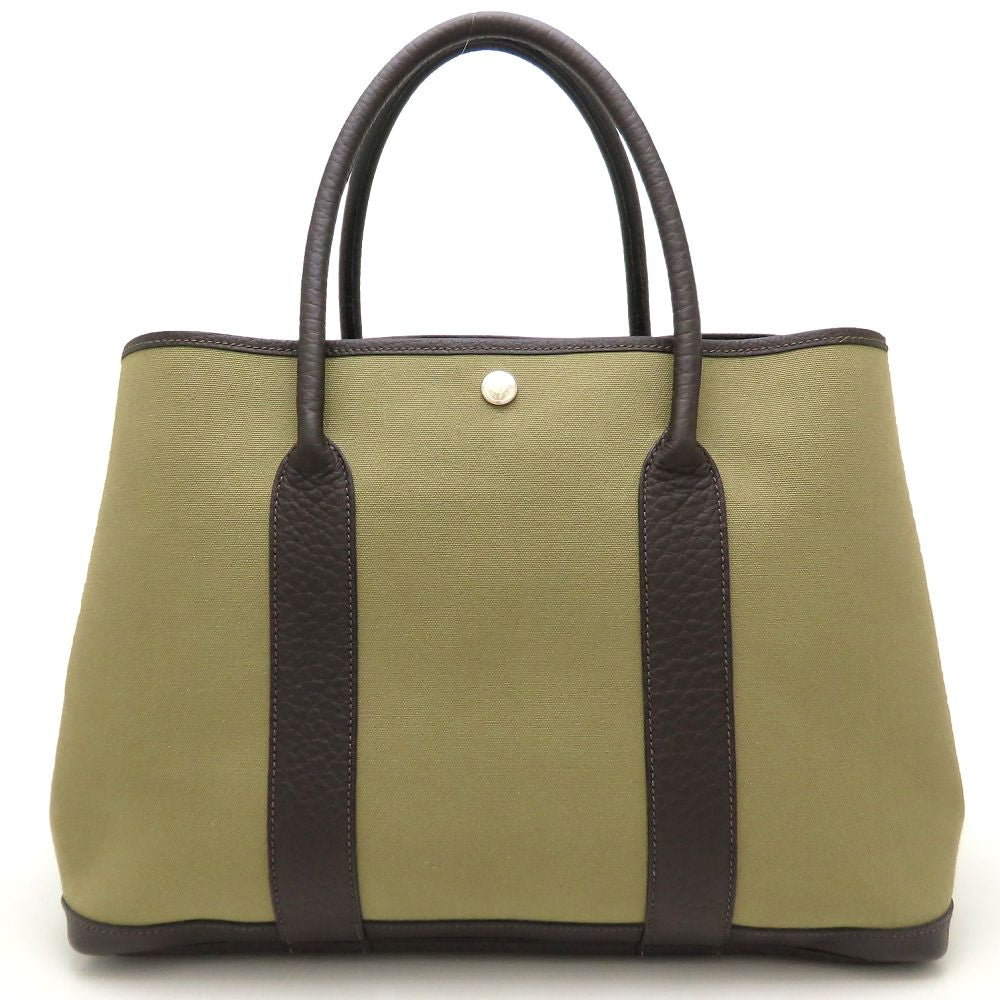 HERMES エルメス ガーデンパーティPM ハンドバッグ T刻印 2015年 ブッフルxトワルオフィシエ カーキ ダークブラウン レディース/353301【中古】