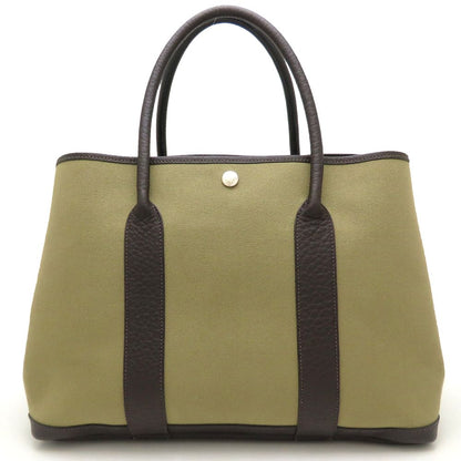 HERMES エルメス ガーデンパーティPM ハンドバッグ T刻印 2015年 ブッフルxトワルオフィシエ カーキ ダークブラウン レディース/353301【中古】