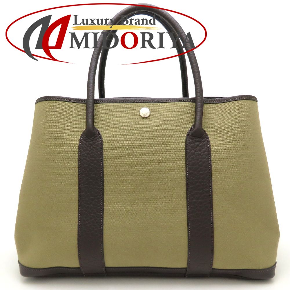 HERMES エルメス ガーデンパーティPM ハンドバッグ T刻印 2015年 ブッフルxトワルオフィシエ カーキ ダークブラウン レディース/353301【中古】