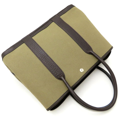 HERMES エルメス ガーデンパーティPM ハンドバッグ T刻印 2015年 ブッフルxトワルオフィシエ カーキ ダークブラウン レディース/353301【中古】