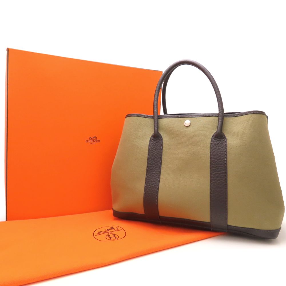 HERMES エルメス ガーデンパーティPM ハンドバッグ T刻印 2015年 ブッフルxトワルオフィシエ カーキ ダークブラウン レディース/353301【中古】