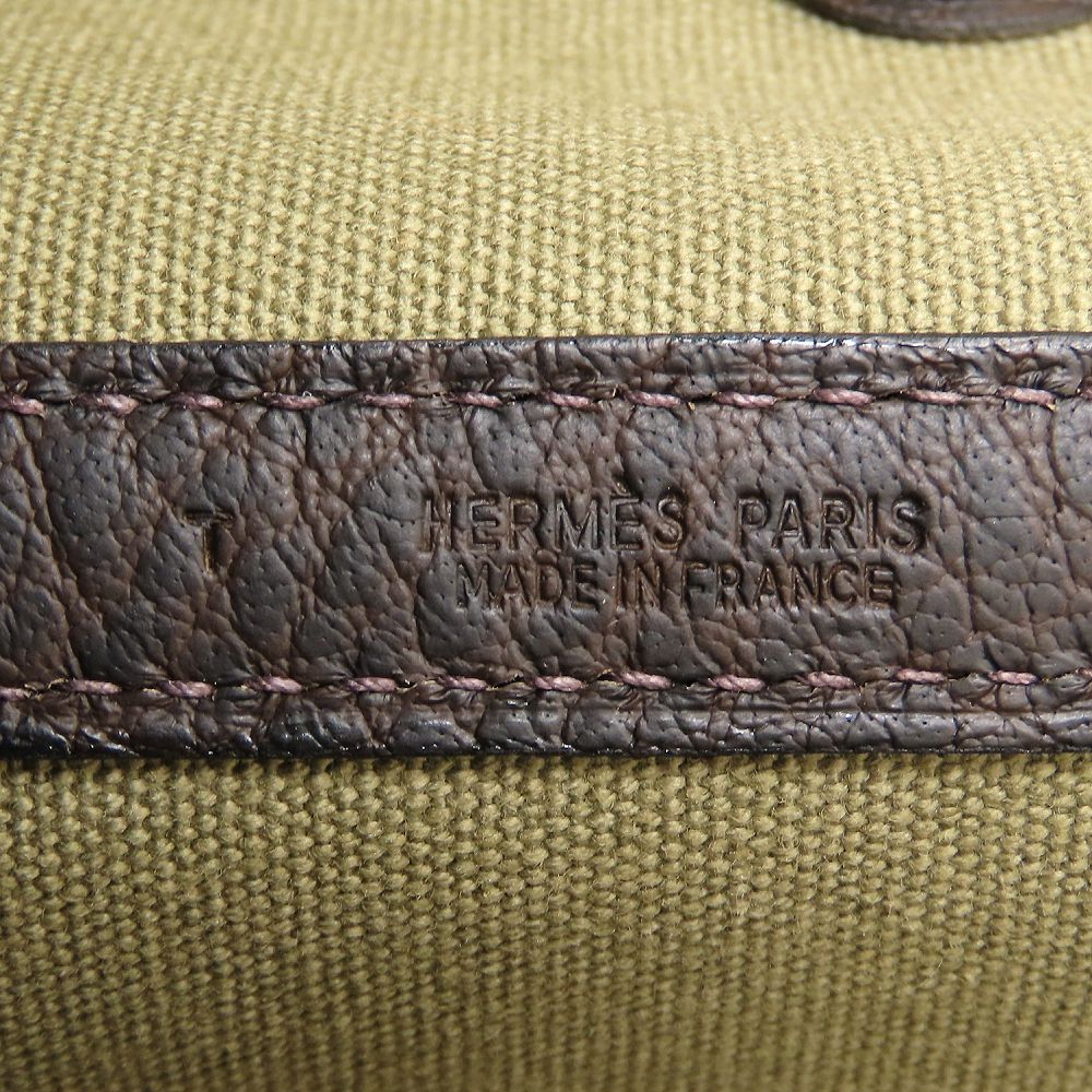 HERMES エルメス ガーデンパーティPM ハンドバッグ T刻印 2015年 ブッフルxトワルオフィシエ カーキ ダークブラウン レディース/353301【中古】