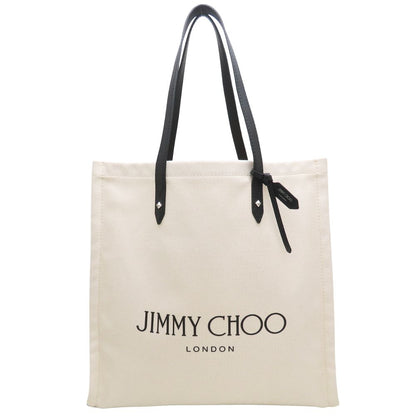 JIMMY CHOO ジミーチュウ ロゴトート トートバッグ キャンバスxレザー ナチュラル ブラック レディース/353315【中古】