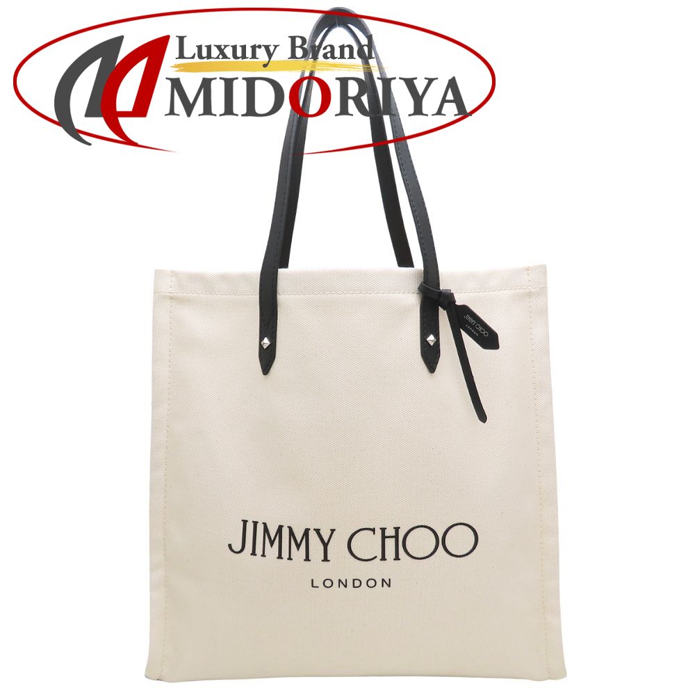 JIMMY CHOO ジミーチュウ ロゴトート トートバッグ キャンバスxレザー ナチュラル ブラック レディース/353315【中古】