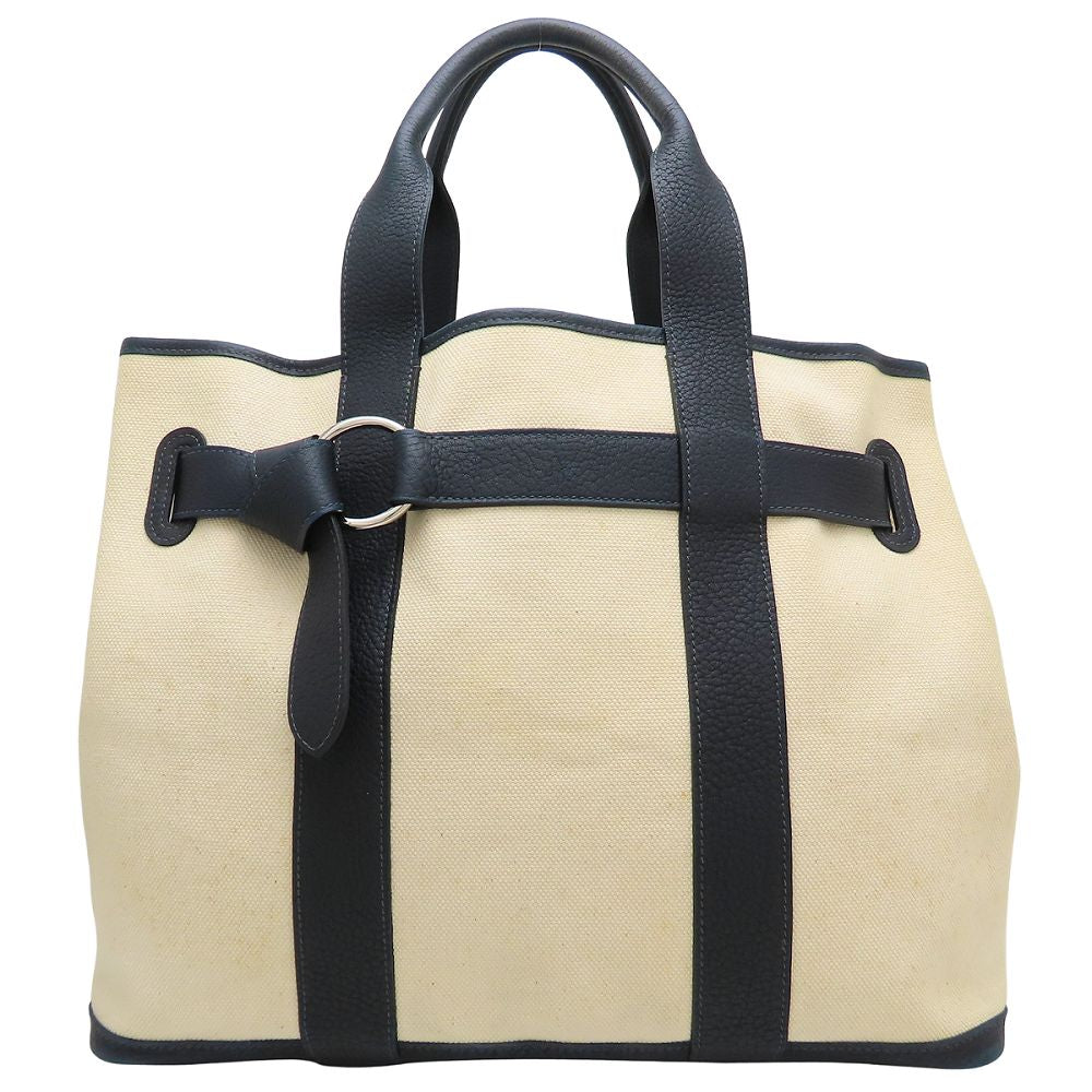 HERMES エルメス プティットサンチュールMM トートバッグ □K刻印 2007年 トワルアッシュxレザー アイボリー ネイビー レディース/353321【中古】