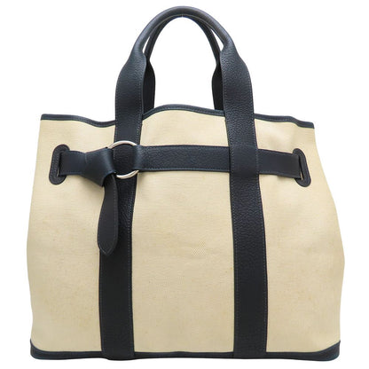 HERMES エルメス プティットサンチュールMM トートバッグ □K刻印 2007年 トワルアッシュxレザー アイボリー ネイビー レディース/353321【中古】