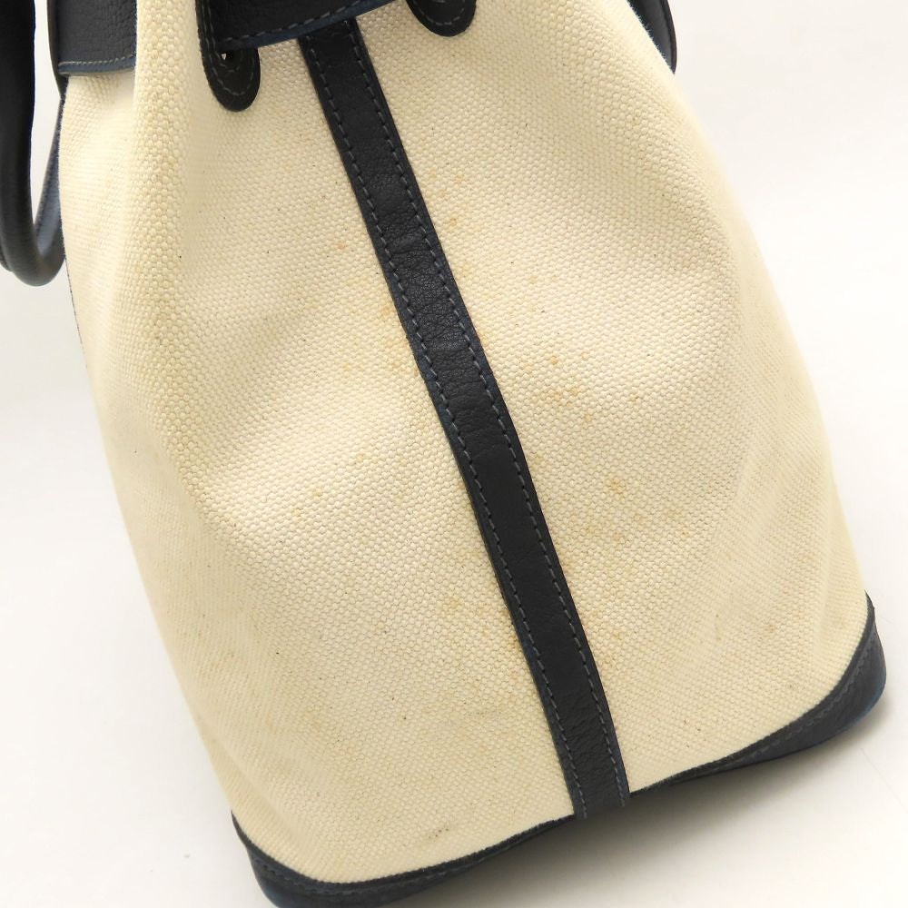 HERMES エルメス プティットサンチュールMM トートバッグ □K刻印 2007年 トワルアッシュxレザー アイボリー ネイビー レディース/353321【中古】