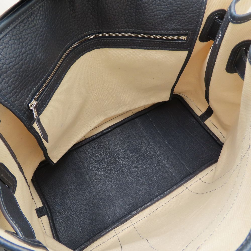 HERMES エルメス プティットサンチュールMM トートバッグ □K刻印 2007年 トワルアッシュxレザー アイボリー ネイビー レディース/353321【中古】
