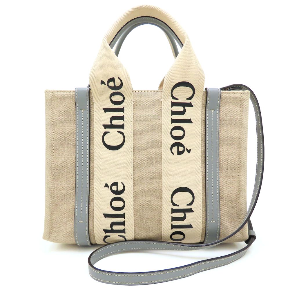 Chloe クロエ ウッディスモールトート CHC22AS397126 ハンドバッグ 2Way リネンxカーフ ベージュ Divine Grey ディヴァイングレー レディース/353332【中古】