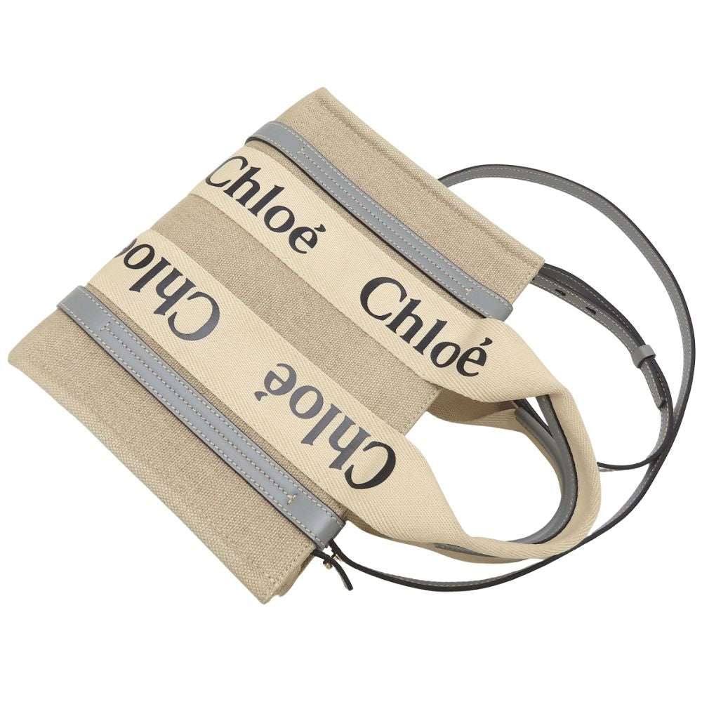 Chloe クロエ ウッディスモールトート CHC22AS397126 ハンドバッグ 2Way リネンxカーフ ベージュ Divine Grey ディヴァイングレー レディース/353332【中古】