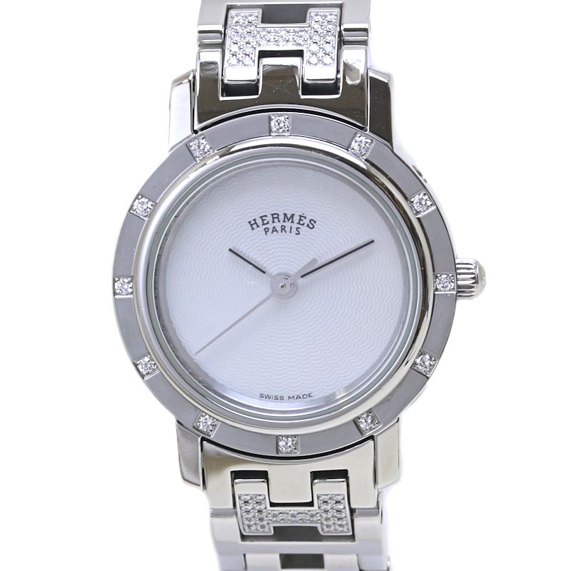 腕時計 レディース HERMES エルメス クリッパー ナクレ 旧バックル CL4.230.215/3869 ベゼル12Pダイヤ ブレスダイヤ【磨き済/電池交換済】 ステンレススチール/40047【中古】