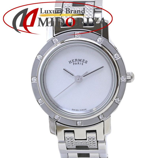 腕時計 レディース HERMES エルメス クリッパー ナクレ 旧バックル CL4.230.215/3869 ベゼル12Pダイヤ ブレスダイヤ【磨き済/電池交換済】 ステンレススチール/40047【中古】