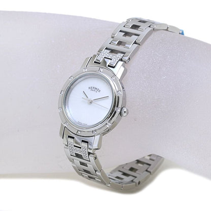 腕時計 レディース HERMES エルメス クリッパー ナクレ 旧バックル CL4.230.215/3869 ベゼル12Pダイヤ ブレスダイヤ【磨き済/電池交換済】 ステンレススチール/40047【中古】