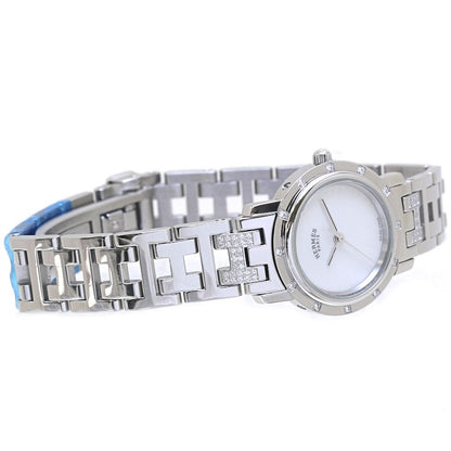 腕時計 レディース HERMES エルメス クリッパー ナクレ 旧バックル CL4.230.215/3869 ベゼル12Pダイヤ ブレスダイヤ【磨き済/電池交換済】 ステンレススチール/40047【中古】