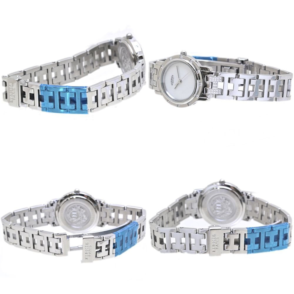 腕時計 レディース HERMES エルメス クリッパー ナクレ 旧バックル CL4.230.215/3869 ベゼル12Pダイヤ ブレスダイヤ【磨き済/電池交換済】 ステンレススチール/40047【中古】