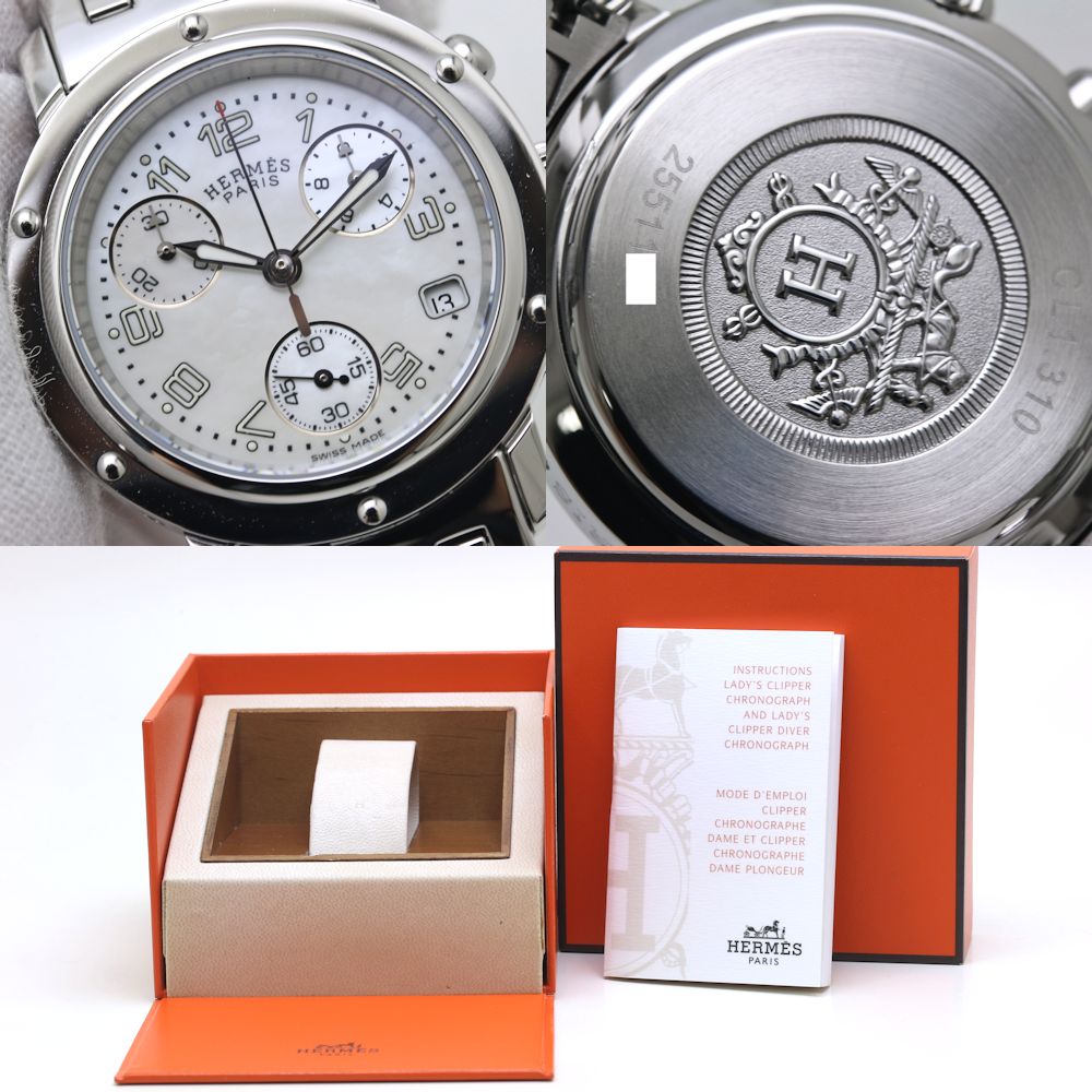 腕時計 レディース HERMES エルメス クリッパー ナクレ クロノグラフ 新バックル CL1.310.212/3842 【磨き済/電池交換済】 ステンレススチール/40054【中古】